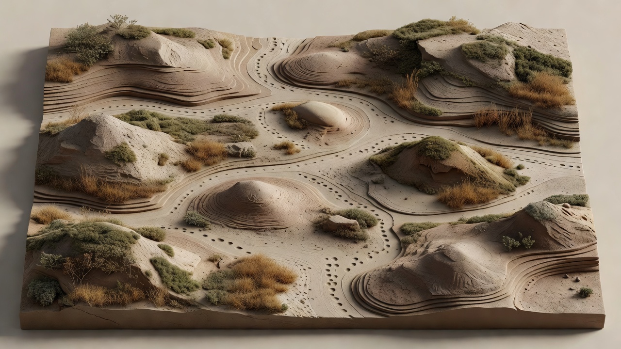 Soft-lit layered terrain tile illustrating a generalized migration landscape without sensitive coordinates