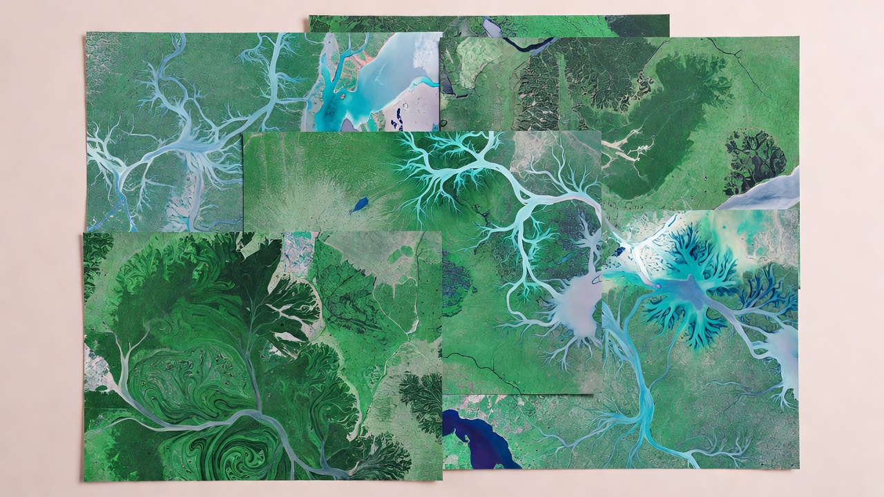 Layered satellite-image sheets representing vegetation and water patterns on a plain blush background